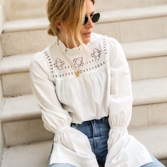 Free People White Cotton Blouse Size XS Bell Sleeves Crochet Eyelet Lace New NWT - Picture 12 of 12
